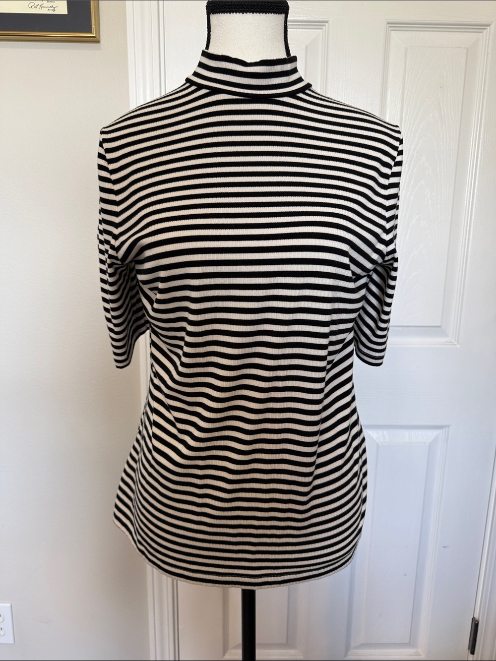 Banana Republic Striped Mock Neck Short Sleeve Tee - Black & White Ribbed Sz L